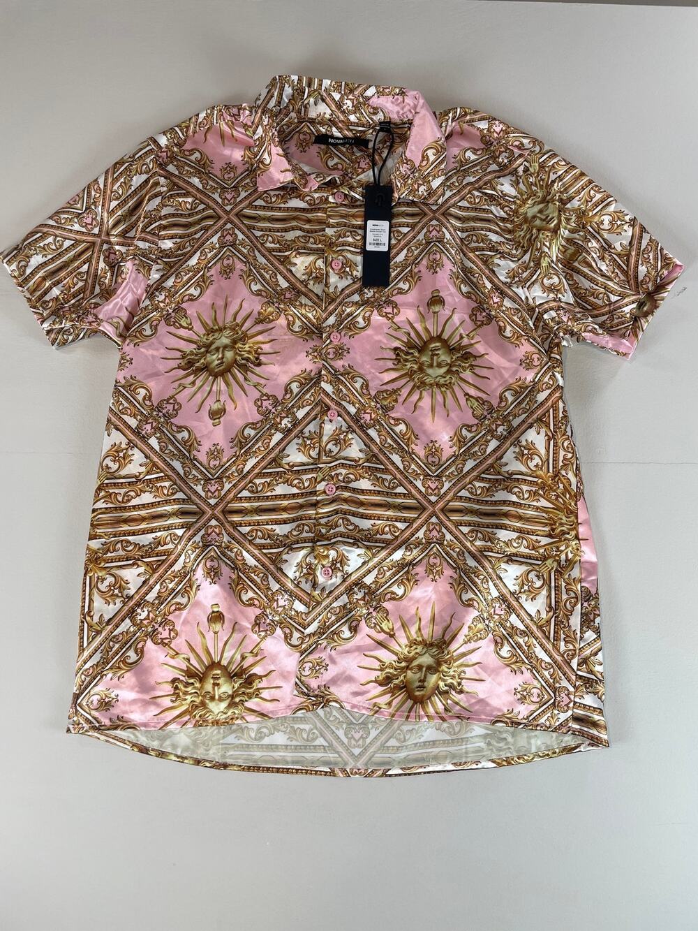 Fashion Nova Men Gold Pink Woven High Low Button Up Shirt Size L New With Tag